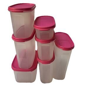 Tupperware Lot Of 7 Rectangular Modular Mates PINK Seals With Lids
